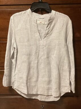 Vineyard Vines Women's White and Blue Striped linen Split-Neck Tunic